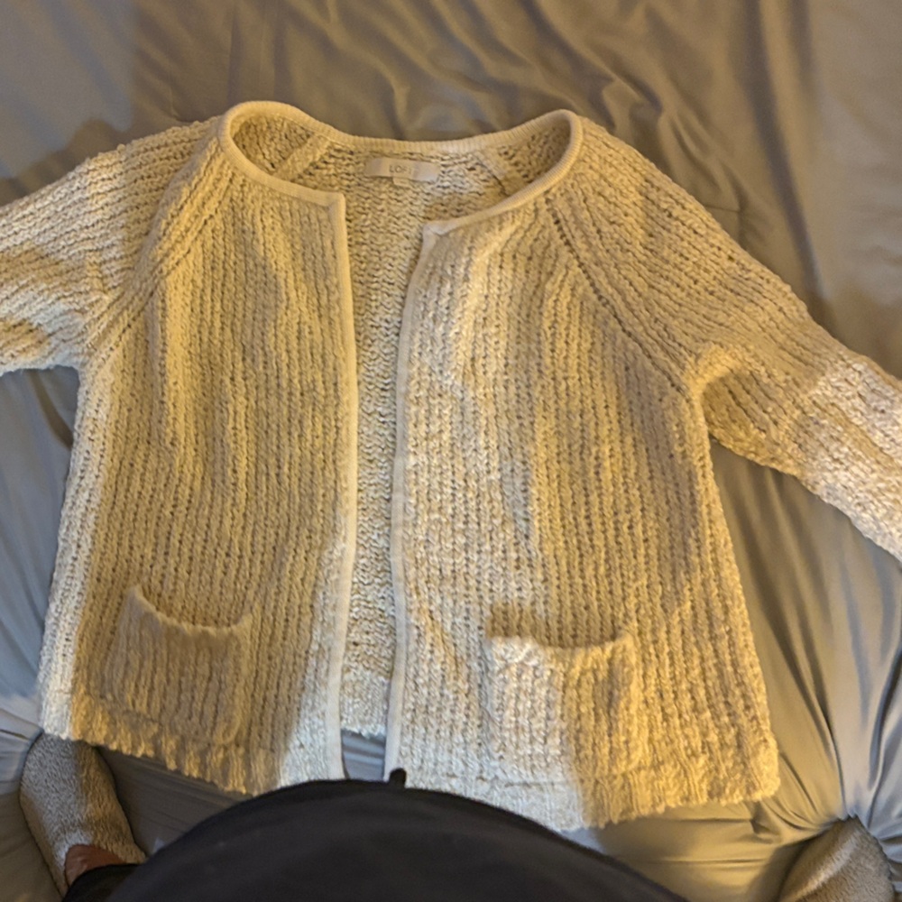 LOFT Cream Open-Front Knit Cardigan